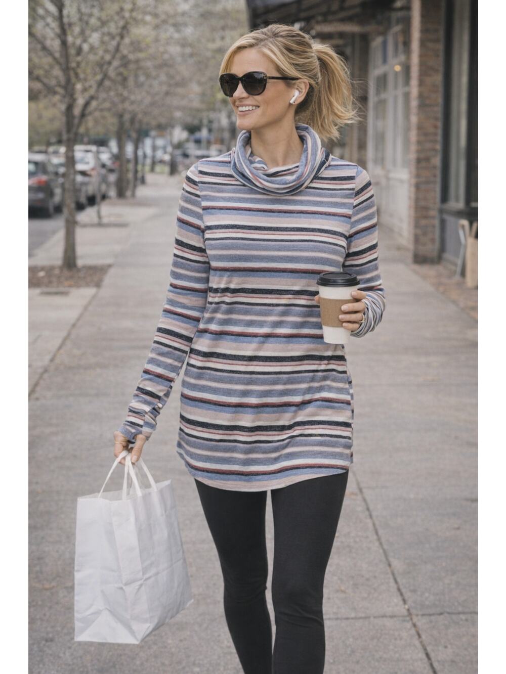 Cuddl Duds Softwear Cowl Neck Tunic Striped Thumbholes XS